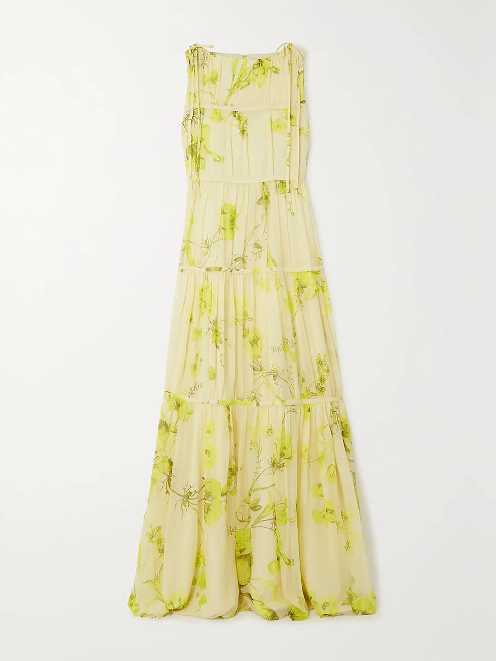 Aurohaya Vintage Bloom Tie-Front Layered Floral Print Chiffon Casual Maxi Dress