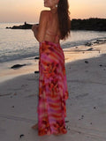 Elegant Printed Strappy Bodycon Silhouette Backless Slit Dress