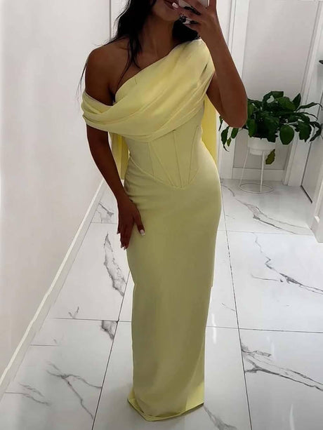 Aurohaya Elegant One-shoulder Draped Detail Gown Maxi Dress Yellow