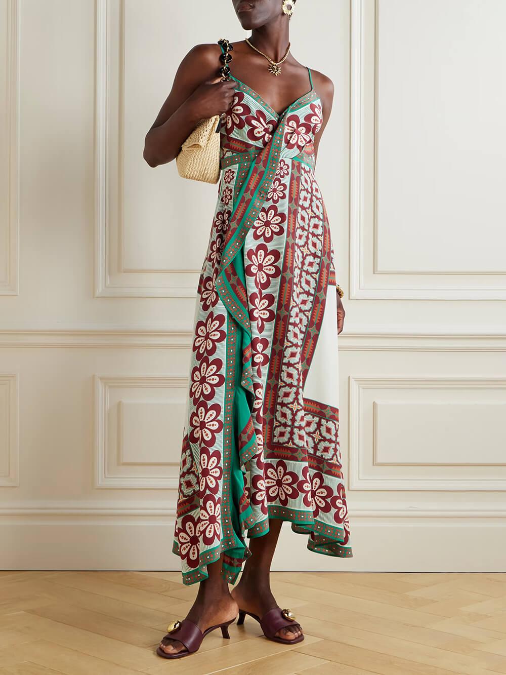 Aurohaya Classic Turn Around Wrap-Effect Printed Satin Midi Dress Multi