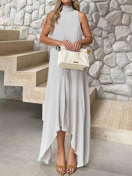 Aurohaya Retro Polka Dot Asymmetric High-Neck Maxi Dress White