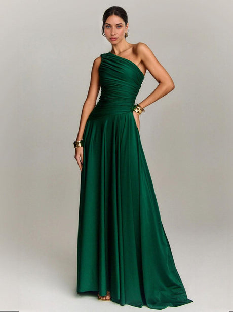 Aurohaya Elegant Draped One Shoulder Cocktail Maxi Dress