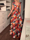 Elegant Floral Print Bow A-line Maxi Dress