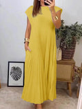 Aurohaya Elegant Stylish Sleeveless Pleated Maxi Dress Yellow
