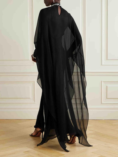 Aurohaya Elegant High-neck Silver-printed Loose Robe Chiffon Dress