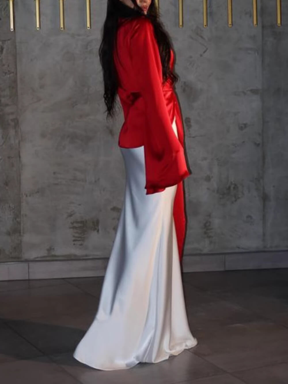 Aurohaya Elegant Satin Red & White Color-Block Bell Sleeve Gown Maxi Dress