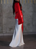 Aurohaya Elegant Satin Red & White Color-Block Bell Sleeve Gown Maxi Dress