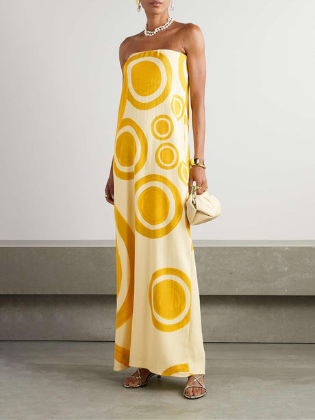 Aurohaya Elegant Off-Shoulder Circle Print Double-Crepe Maxi Dress Yellow