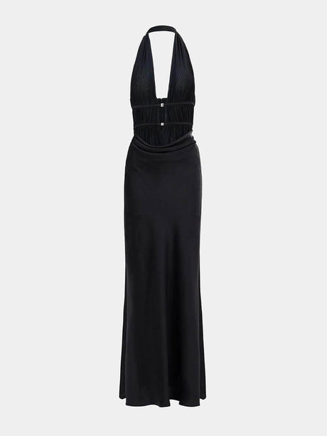 Aurohaya Elegant Mesh Ruched Satin Backless Maxi Dress