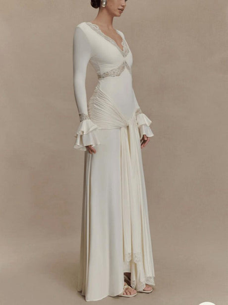 Aurohaya Sexy Lace Panel Trumpet Sleeve Maxi Dress