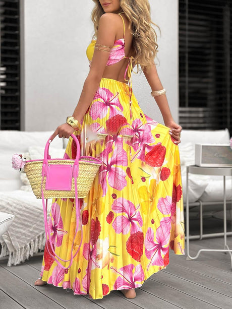 Aurohaya Beautiful Summer Print Ruched Ruffle Backless Tie Maxi Dress