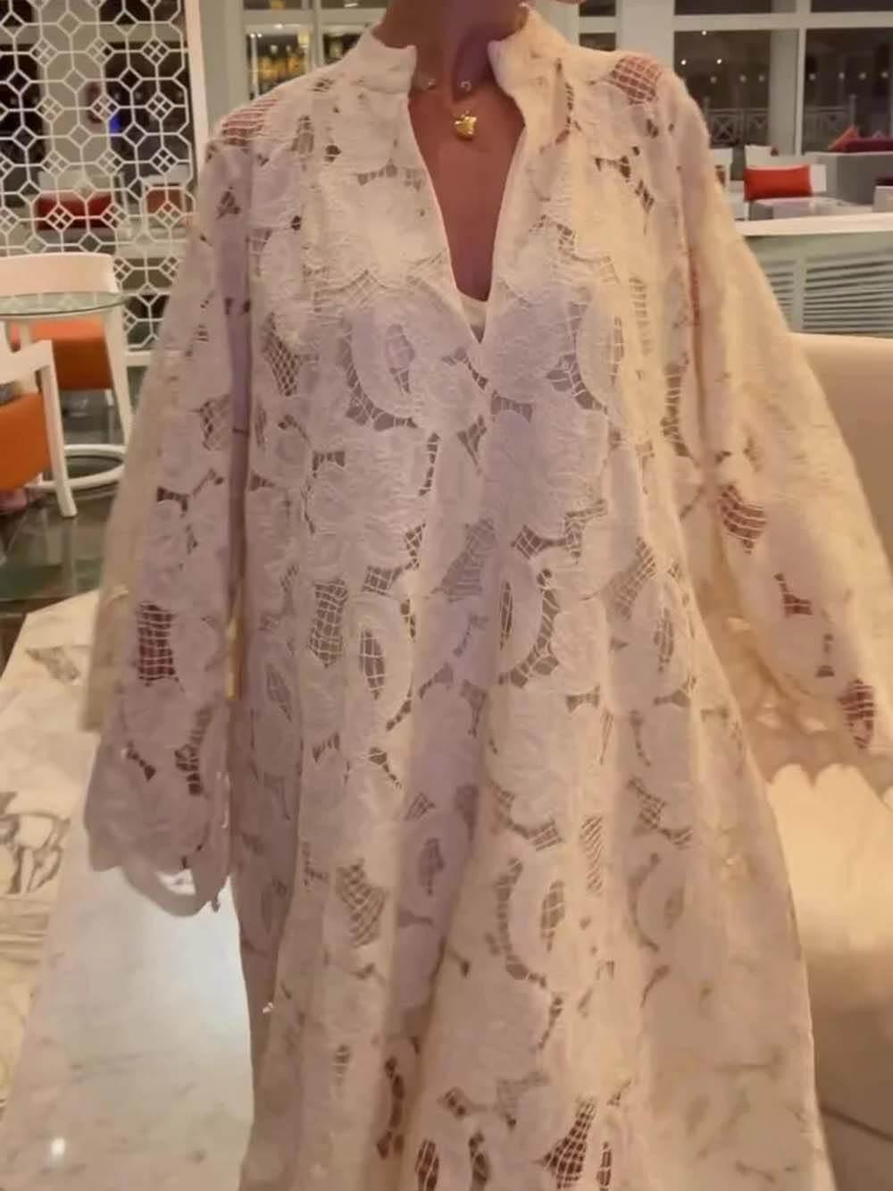 Aurohaya Casual White Long Sleeve Lace V-Neck Dress