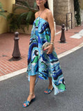 Elegant Halterneck Abstract Floral Print Midi Dress