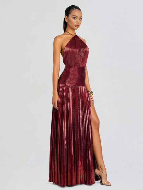Aurohaya Elegant Metallic Pleated Halter Neck Maxi Dress