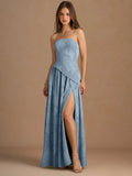 Elegant Strapless Slit Pleated Maxi Dress