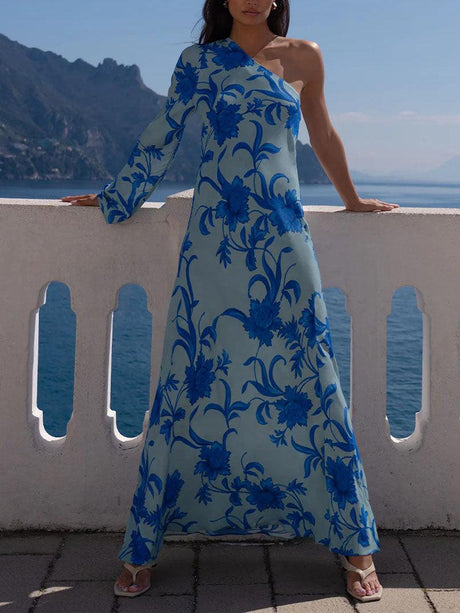 Aurohaya Elegant One-shoulder Floral Eye-catching Slim-fit Maxi Dress