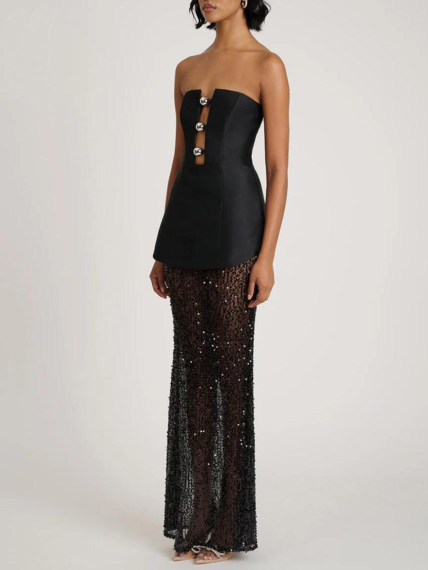 Aurohaya Elegant Bandeau Neck Sequined Maxi Dress