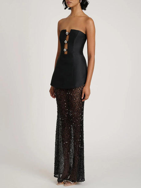 Aurohaya Elegant Bandeau Neck Sequined Maxi Dress