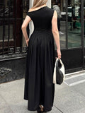 Elegant Off-shoulder Neckline Pleated Maxi Dress