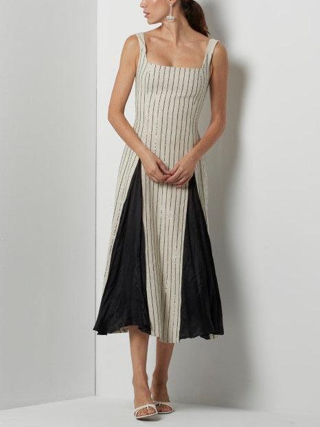 Aurohaya Elegant Pinstripe Paneled Flared Maxi Dress