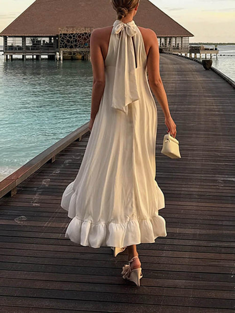 Aurohaya Elegant Ruffled Halter Neck Sleeveless Dress