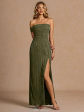 Aurohaya Elegant Off-The-Shoulder Pleated Slit Maxi Dress Dark Green