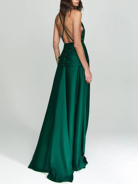 Aurohaya Elegant V-Neck Satin Tie-Waist Floor-Length Slip Dress