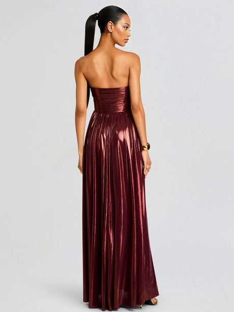 Aurohaya Elegant Strapless Metallic Pleated Floor-length Maxi Dress