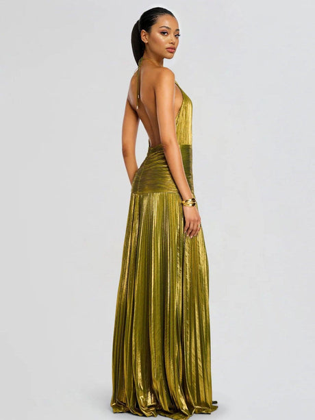 Aurohaya Elegant Metallic Pleated Halter Neck Maxi Dress