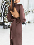 Elegant Satin High-neck Puff-sleeve Maxi Dress