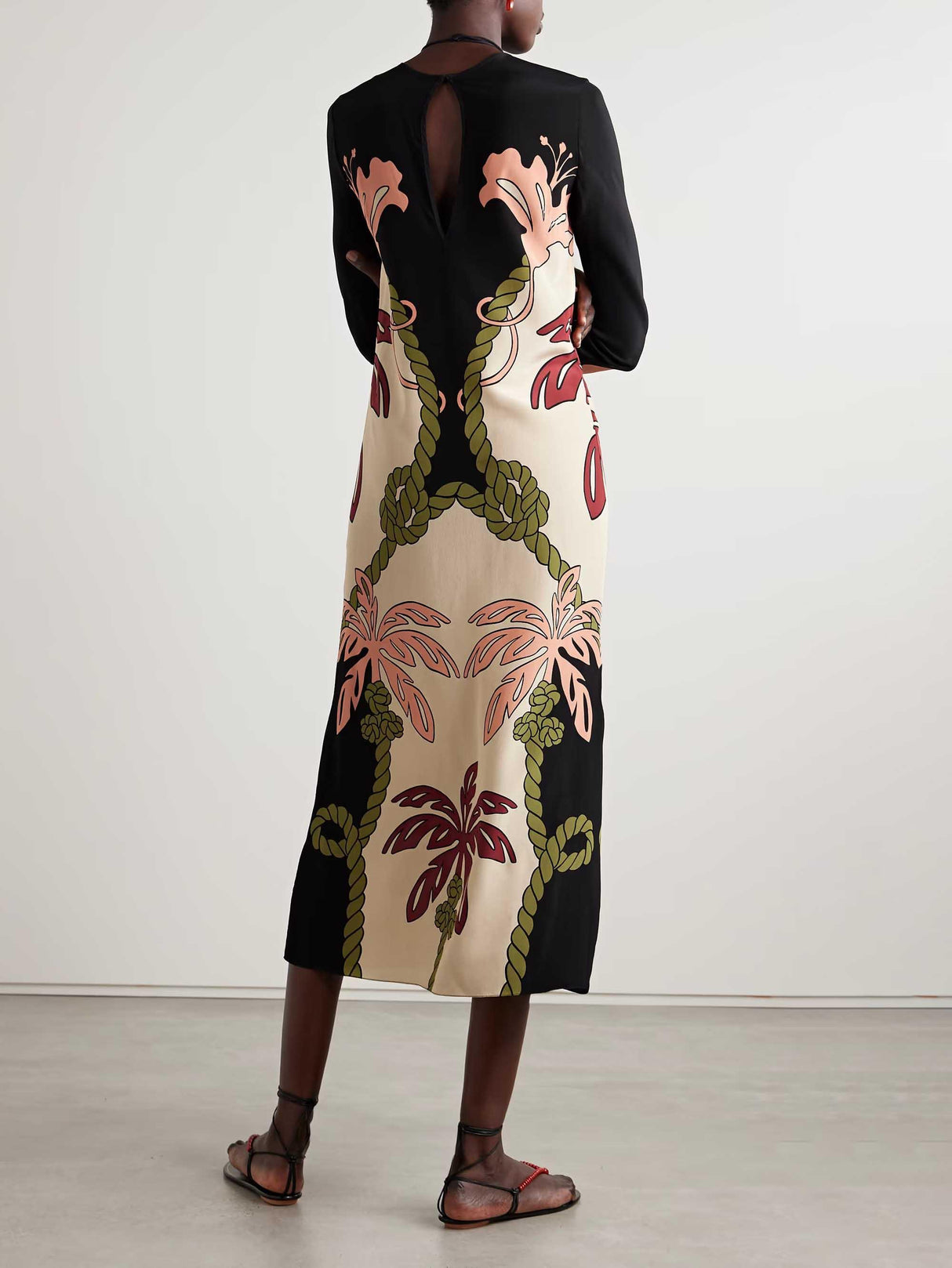 Aurohaya Elegant Palm Leaf Print Long Sleeve Midi Dress