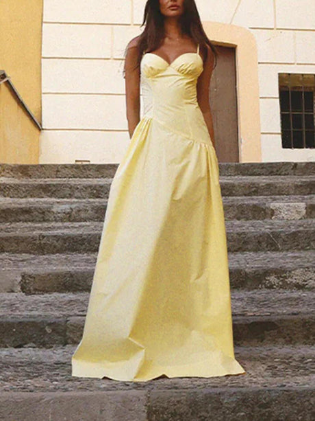 Aurohaya Summer A-Line Fitted Vacation Spaghetti Strap Maxi Dress