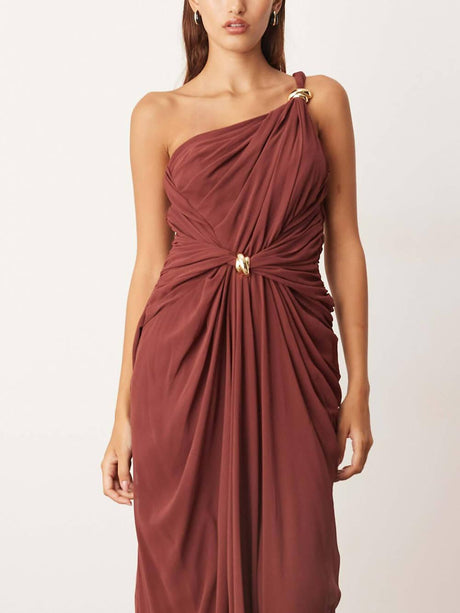Aurohaya Elegant One-Shoulder Draped Twist Metal Trim Maxi Dress
