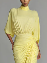 Elegant High-neck Half-sleeve Pleated Maxi Dress