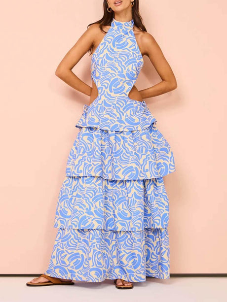 Aurohaya Delicate Blue Swirl Print Halter Neck Backless Maxi Dress Blue