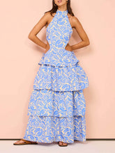 Delicate Blue Swirl Print Halter Neck Backless Maxi Dress