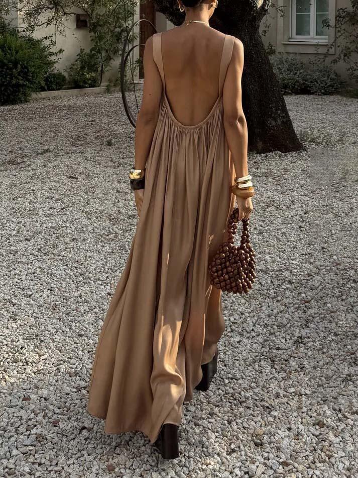 Aurohaya Elegant Flowy Pleated Spaghetti Strap Maxi Dress