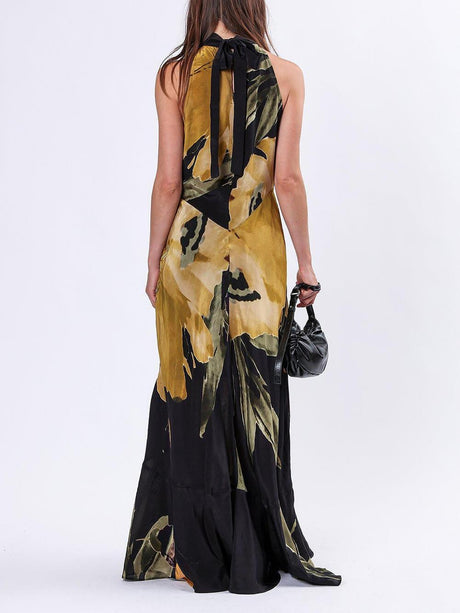 Aurohaya Unique Yellow Floral Print Straight Maxi Dress