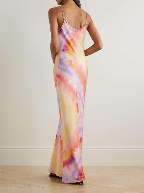 Aurohaya Exquisite Chain-Embellished Tie-Dye Satin Maxi Dress