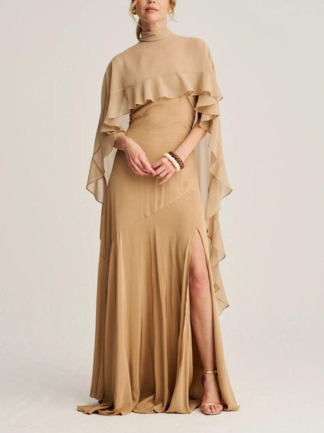 Aurohaya Elegant High Neck Ruffle Cape Maxi Dress