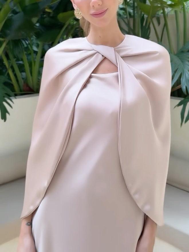 Aurohaya Elegant Cape Twisted Satin Maxi Dress Set