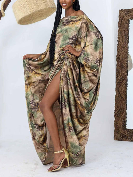 Aurohaya Elegant Satin Tie-dye Print Batwing Sleeve Maxi Dress