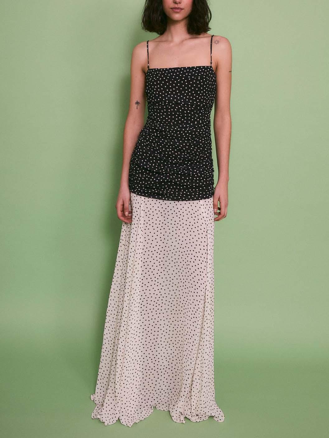 Aurohaya Elegant Contrast Polka Print Chiffon Flowy Maxi Dress