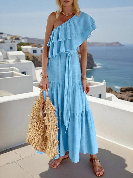 Aurohaya Romantic One-Shoulder Ruffle Tie-Waist Midi Dress