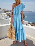 Romantic One-Shoulder Ruffle Tie-Waist Midi Dress