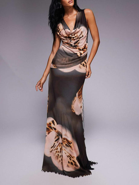 Aurohaya Elegant Printed Draped Stacked Neck Slit Maxi Dress Gray