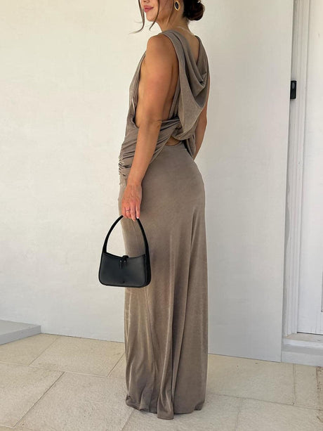 Aurohaya Unique Draped Back Pleated Maxi Dress