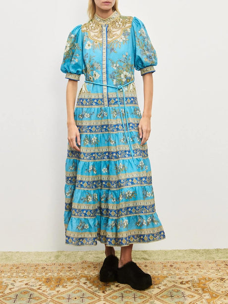 Aurohaya Unique Floral Print Puff Sleeve Tiered Shirt Maxi Dress Blue