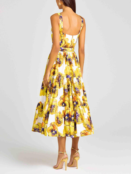 Aurohaya Elegant Pansy Print Midi Dress