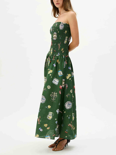 Aurohaya Chic Strapless Smocked Printed Holiday Maxi Dress